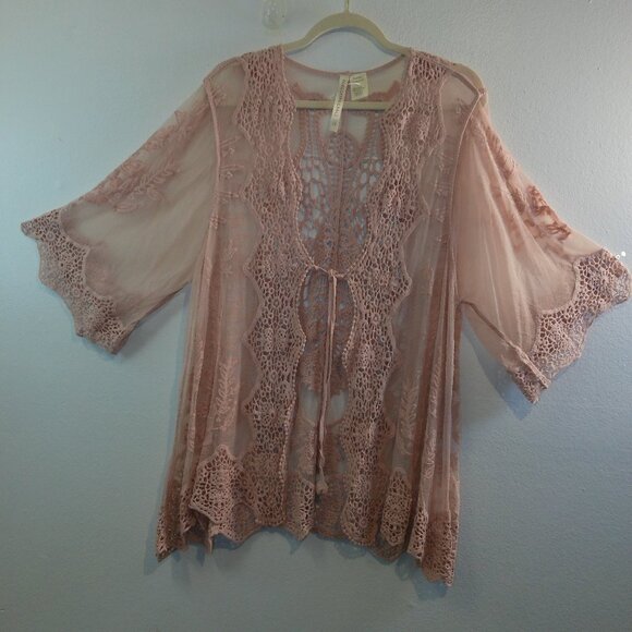 Forgotten Grace Womens Kimono Mauve Rose Sheer Lace Size 2X - Picture 1 of 9